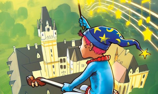 Zauberer fliegt über Schloss Grafenegg und schwingt seinen Zauberstab